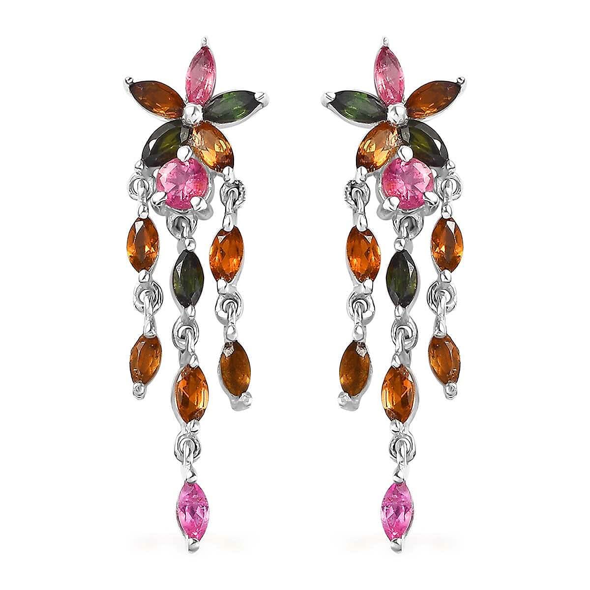 Multi-Tourmaline Floral Dangle Earrings in Platinum Over Sterling Silver 2.35 ctw