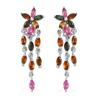 Multi-Tourmaline Floral Dangle Earrings in Platinum Over Sterling Silver 2.35 ctw