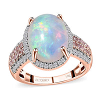 Luxoro 10K Rose Gold AAA Ethiopian Welo Opal, I3 Natural Pink and White Diamond Halo Ring 4.65 Grams 4.60 ctw (Del. in 7-10 Days)