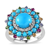 Sleeping Beauty Turquoise, Multi Gemstone Floral Ring in Platinum Over Sterling Silver (Size 10.0) 3.70 ctw