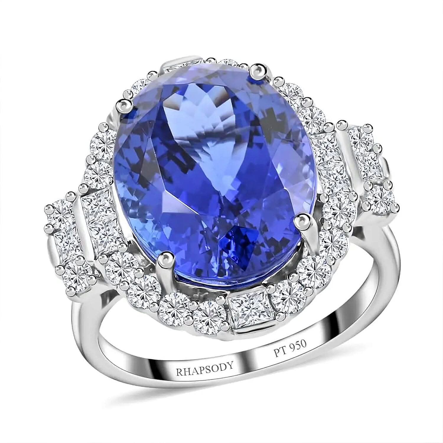 Certified & Appraised Rhapsody 950 Platinum AAAA Tanzanite, Diamond (E-F, VS) (1.24 cts) Halo Ring (Size 6.0) (9.35 g) 10.75 ctw