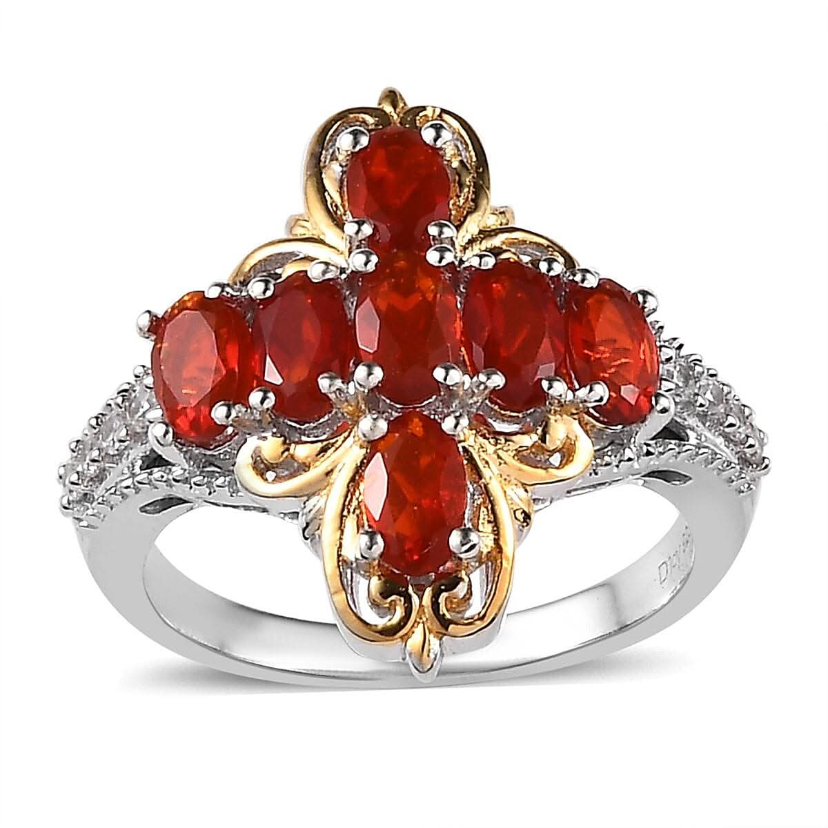 Mexican Cherry Fire Opal and White Zircon Cross Ring in Vermeil YG and Platinum Over Sterling Silver (Size 10.0) 2.00 ctw