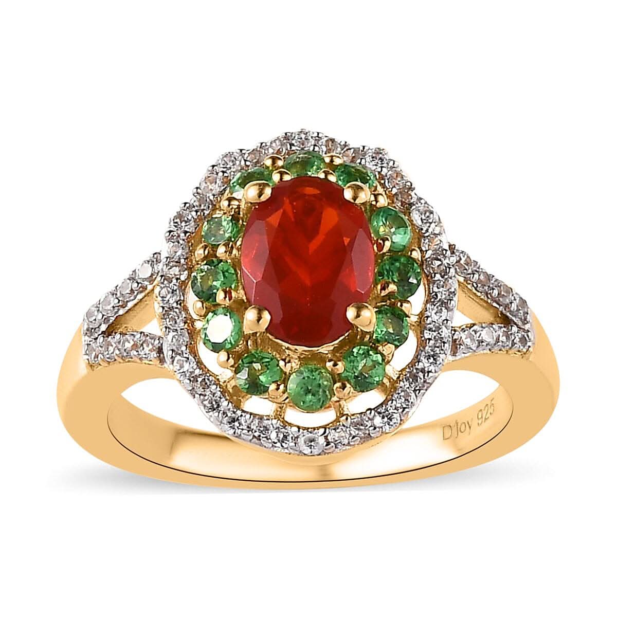 Mexican Cherry Fire Opal and Multi Gemstone Floral Ring in Vermeil Yellow Gold Over Sterling Silver 1.40 ctw