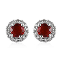 Mexican Cherry Fire Opal and White Zircon Halo Stud Earrings in Platinum Over Sterling Silver 0.70 ctw