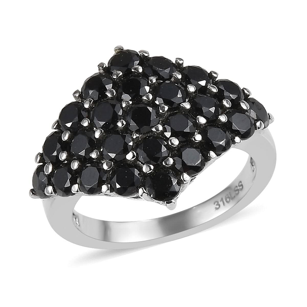 Doorbuster Thai Black Spinel Cluster Ring in Stainless Steel 3.40 ctw