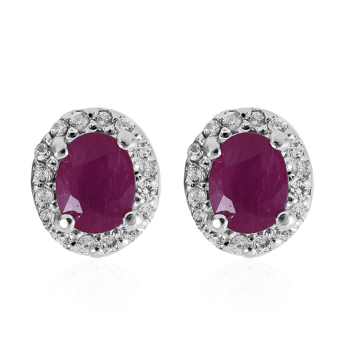 Premium Montepuez Ruby and White Zircon Halo Stud Earrings in Sterling Silver 1.15 ctw