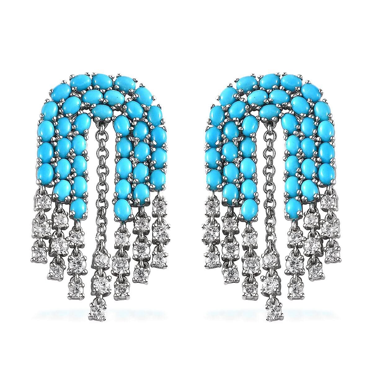 Sleeping Beauty Turquoise and White Zircon Chandelier Statement Earrings in Platinum Over Sterling Silver 17.35 ctw