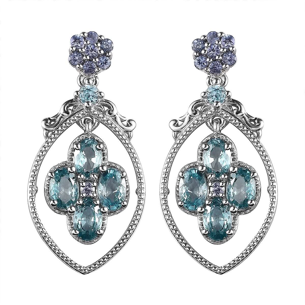 Blue Zircon and Tanzanite Earrings in Platinum Over Sterling Silver 6.50 ctw