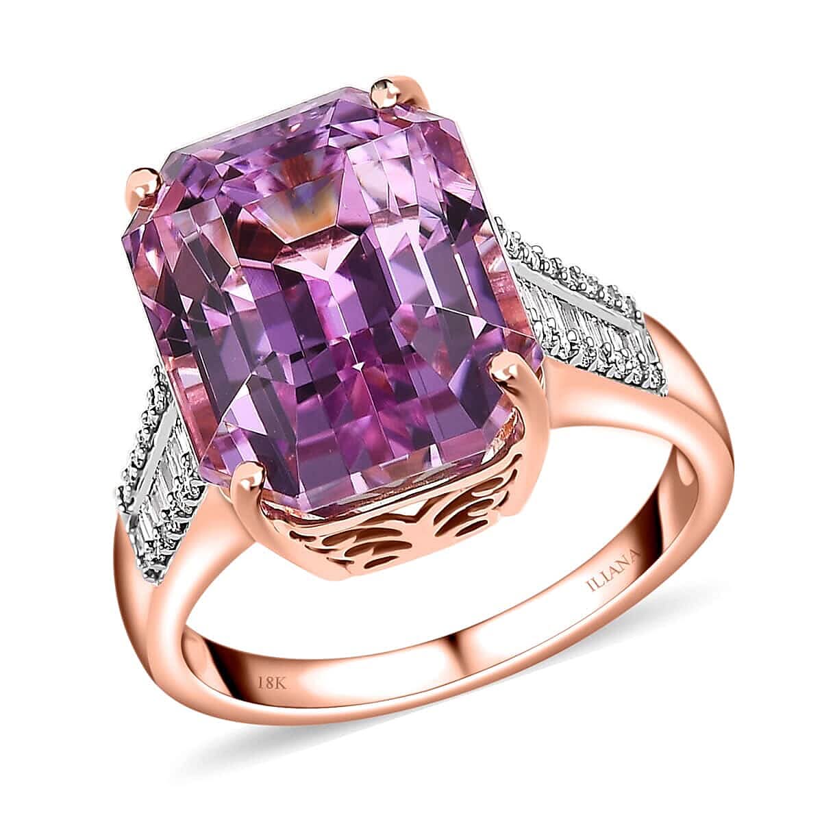 Certified and Appraised Iliana 18K Rose Gold AAA Patroke Kunzite, Diamond (G-H, SI) (0.28 cts) Ring (Size 10.0) (5.60 g) 12.75 ctw