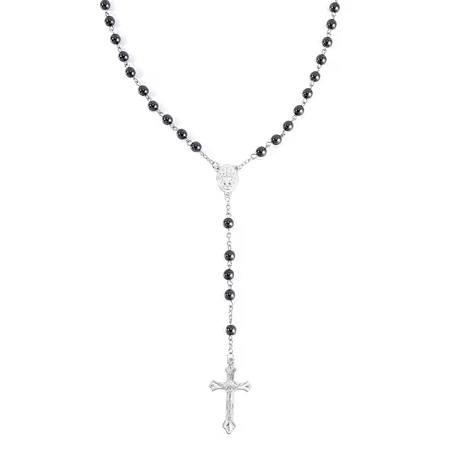Black Hematite Cross Pendant with Beaded Necklace 26 Inches in Silvertone 180.00 ctw