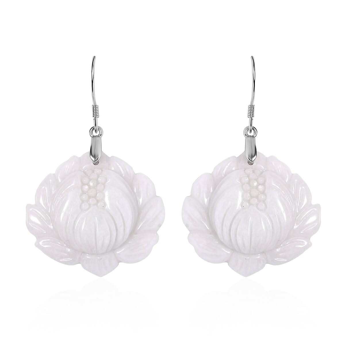 Natural Jade Carved Lotus Dangle Earrings in Rhodium Over Sterling Silver 250.00 ctw