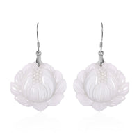 Natural Jade Carved Lotus Dangle Earrings in Rhodium Over Sterling Silver 250.00 ctw