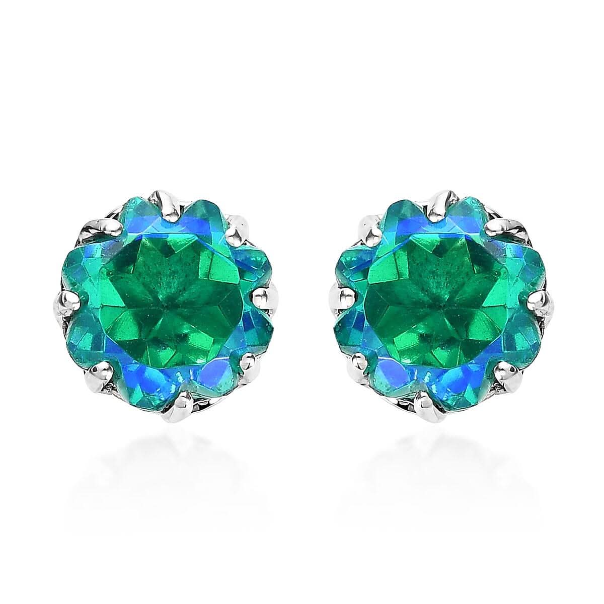 Peacock Quartz (Triplet) Solitaire Stud Earrings in Platinum Over Sterling Silver 7.50 ctw