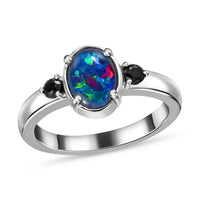Boulder Opal Triplet and Midnight Sapphire Ring in Stainless Steel 1.10 ctw