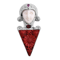 Sajen Silver Simulated Cinnabar and Multi Gemstone Floral Carved Pendant in Sterling Silver 18.35 ctw