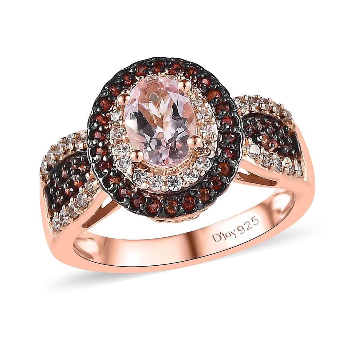 Premium Marropino Morganite, White and Coffee Zircon Double Halo Ring in Vermeil RG Over Sterling Silver (Size 6.0) 1.35 ctw