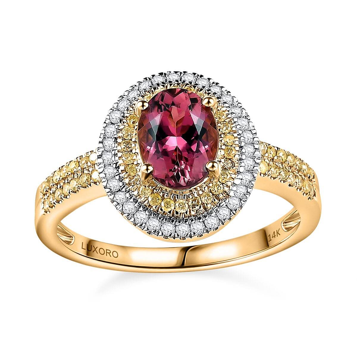 Luxoro 14K Yellow Gold AAA Natural Calabar Pink Tourmaline, I2-I3 Natural Yellow and White Diamond Ring (Size 10.0) 1.75 ctw