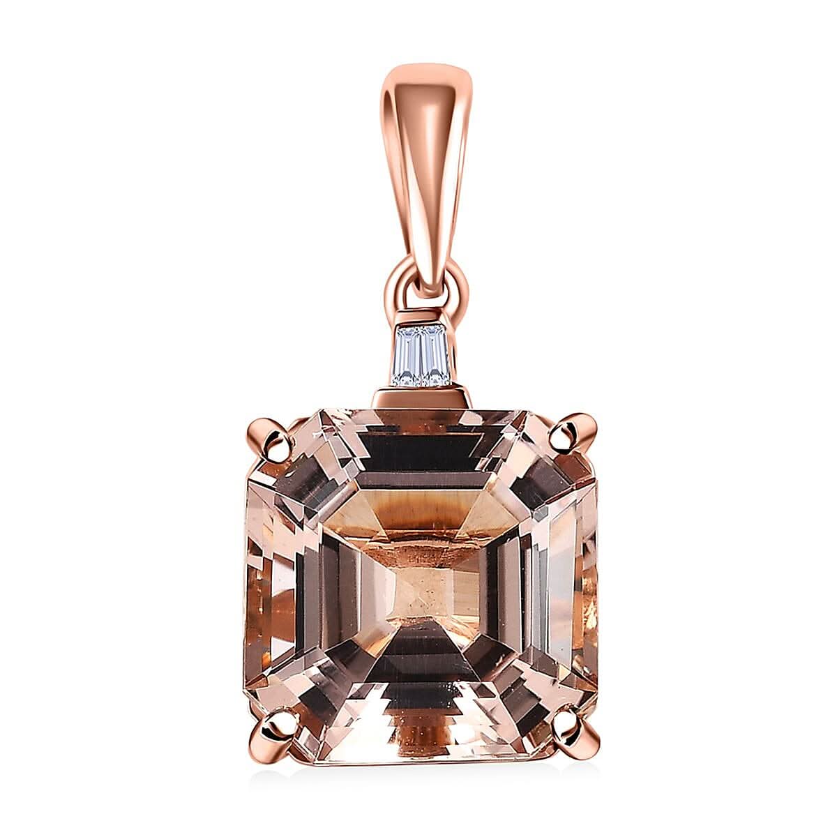 Luxoro 14K Rose Gold Asscher Cut AAA Marropino Morganite and I3 Diamond Pendant 6.50 ctw