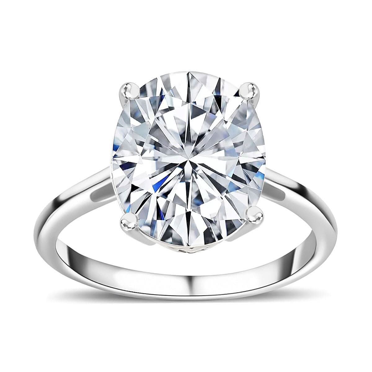 Moissanite (Oval 12x10mm) Solitaire Ring in Platinum Over Sterling Silver (Size 10.0) 5.00 ctw