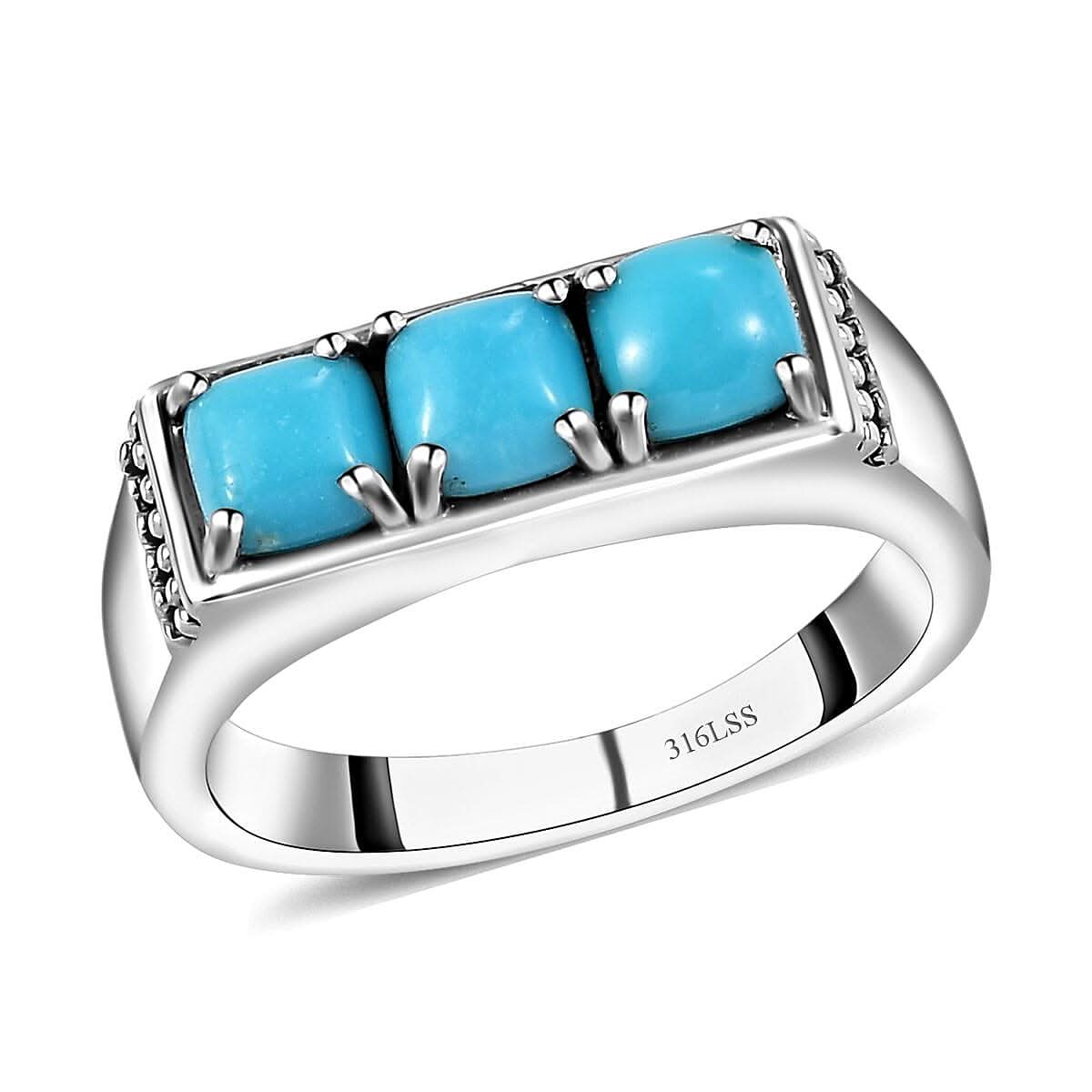 Sleeping Beauty Turquoise 3 Stone Men's Ring in Stainless Steel (Size 10.0) 1.65 ctw