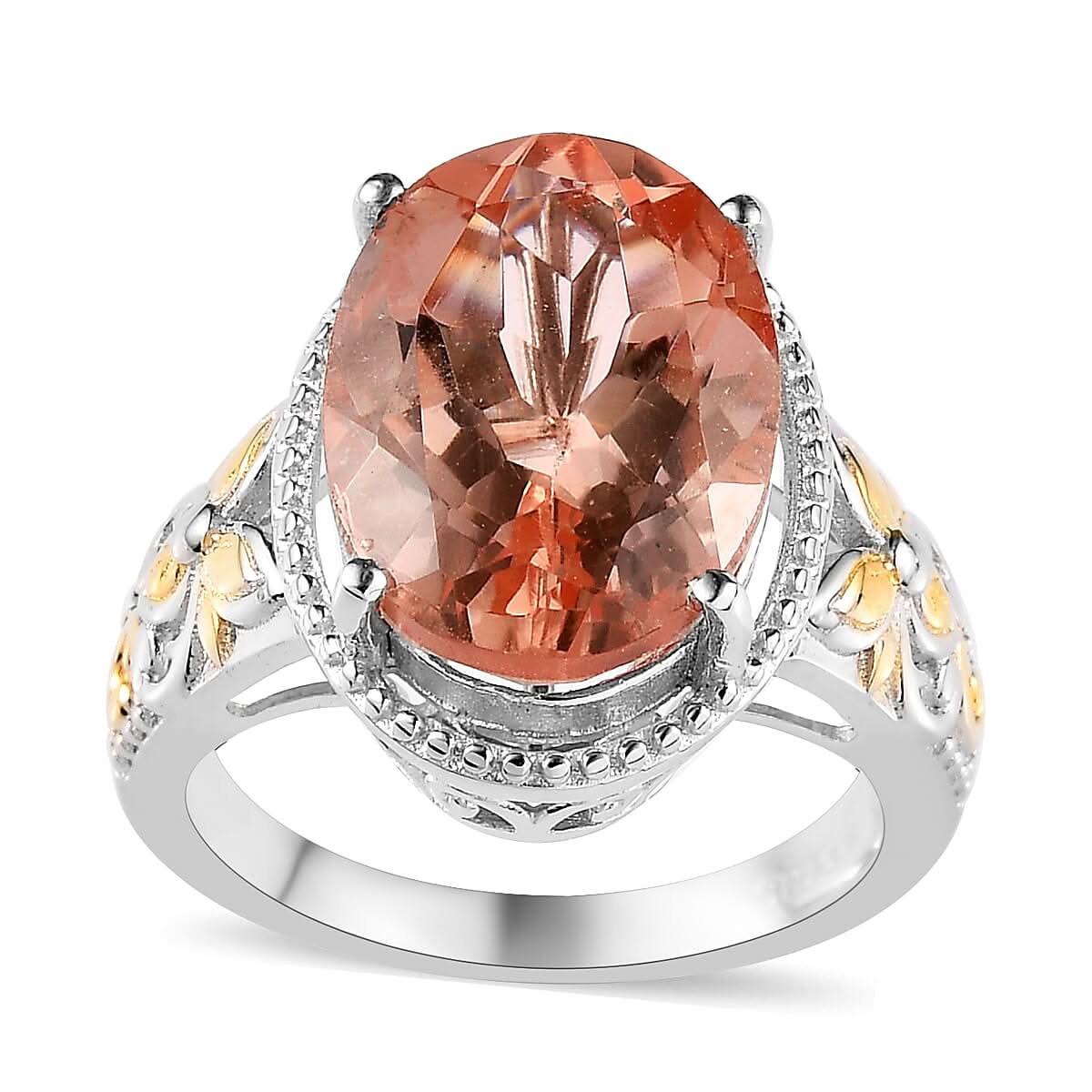 Karis Morganite Quartz (Triplet) Solitaire Ring in 18K YG Plated and Platinum Bond (Size 10.0) 6.40 ctw