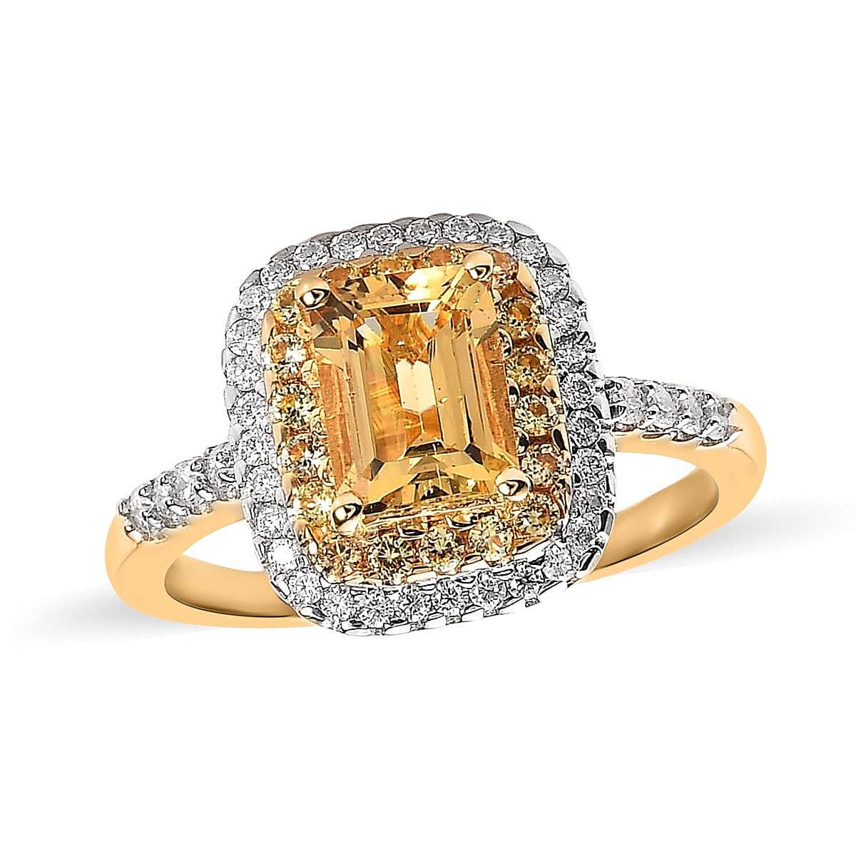 Premium Brazilian Heliodor, Multi Gemstone Double Halo Ring in Vermeil YG Over Sterling Silver (Size 10.0) 2.25 ctw