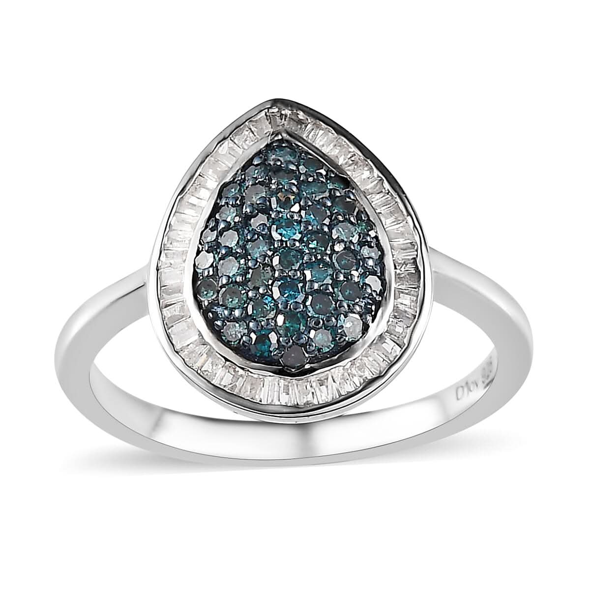 Blue and White Diamond Halo Ring in Platinum Over Sterling Silver (Size 10.0) 0.50 ctw