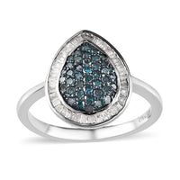 Blue and White Diamond Halo Ring in Platinum Over Sterling Silver (Size 10.0) 0.50 ctw