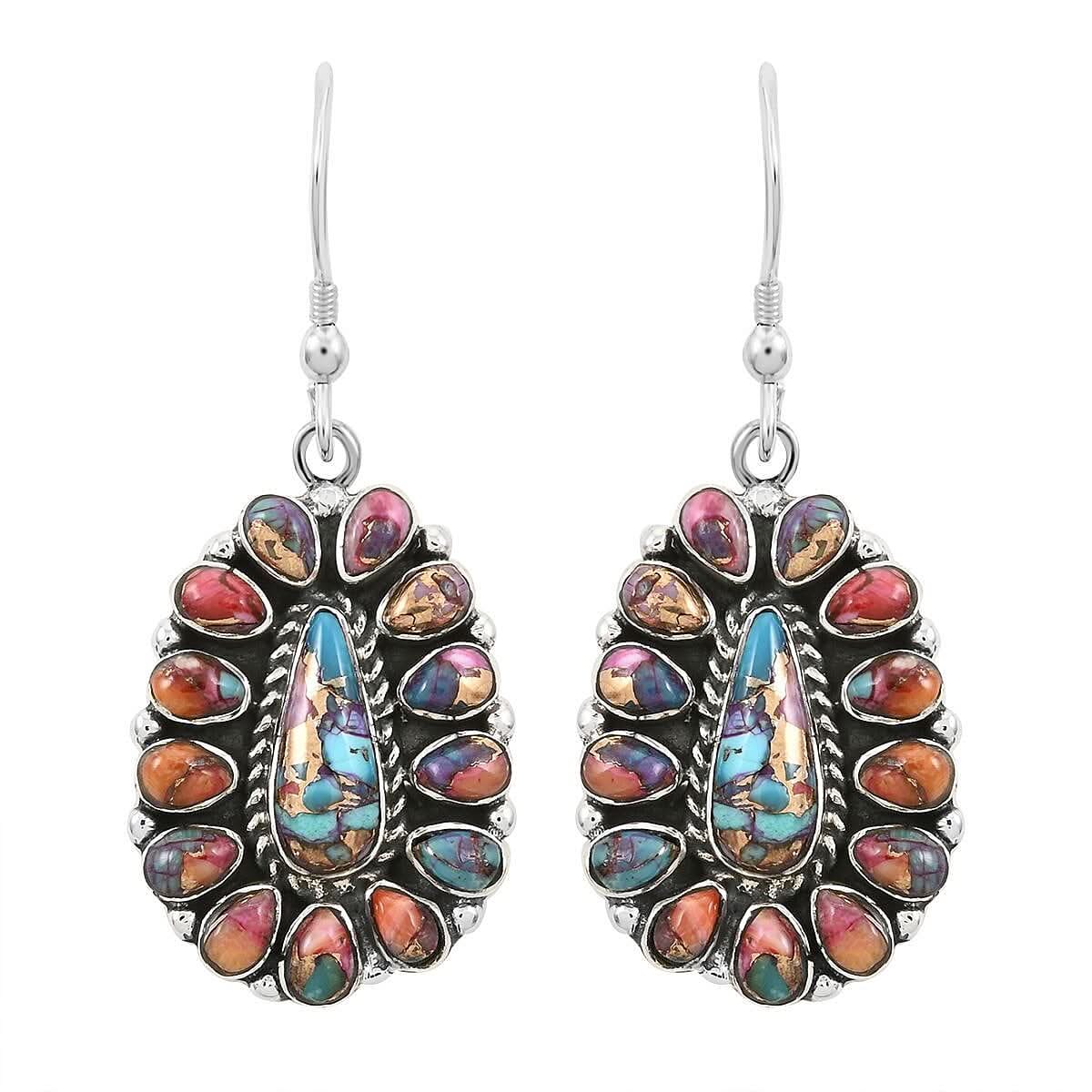 Santa Fe Style Multi Gemstone Fish Hook Earrings in Sterling Silver 4.50 ctw