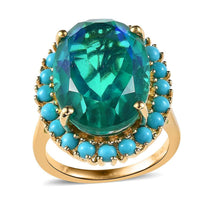 Peacock Quartz (Triplet) and Sleeping Beauty Turquoise Halo Ring in Vermeil Yellow Gold Over Sterling Silver (Size 8.0) 16.15 ctw