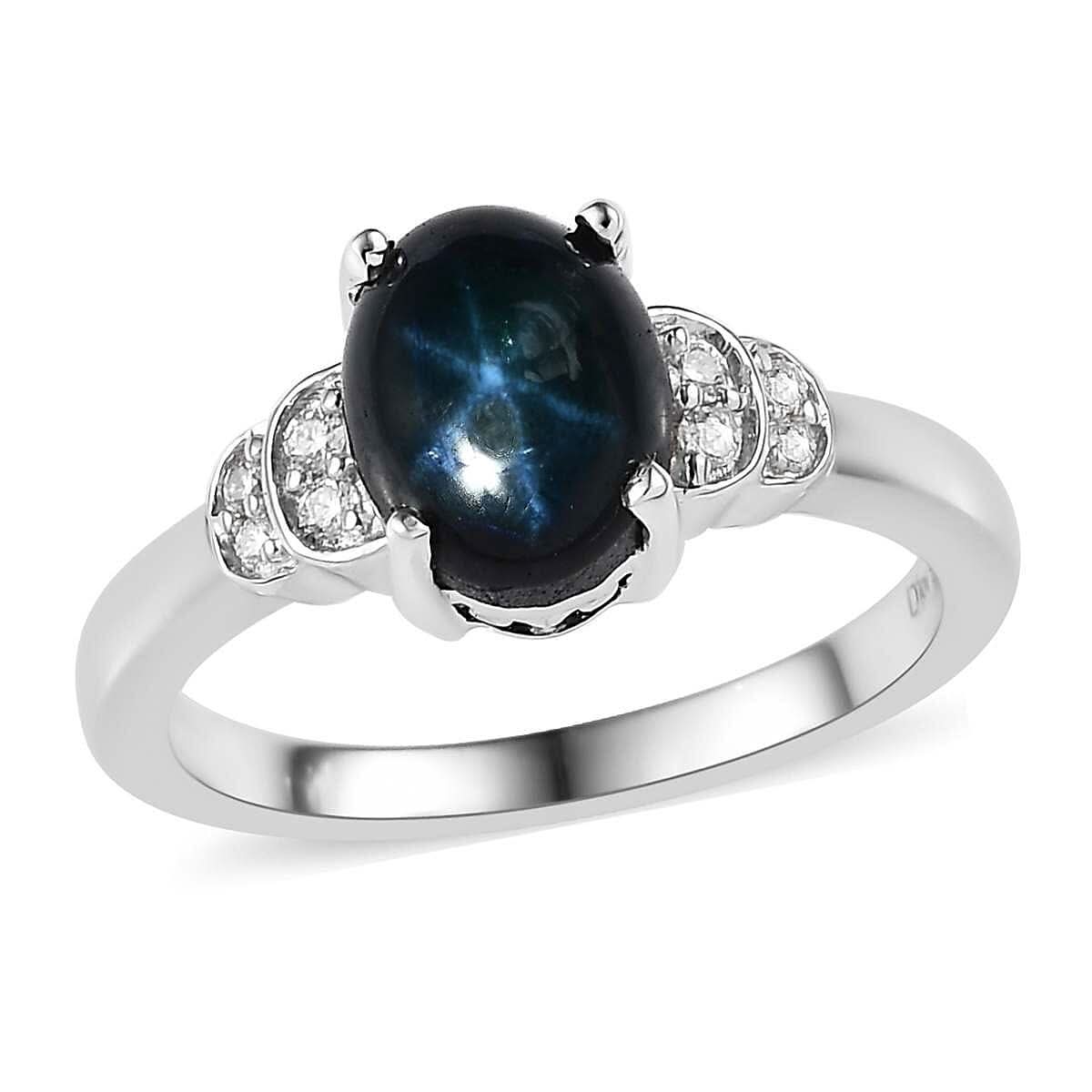 Blue Star Sapphire (DF), Moissanite Ring in Platinum Over Sterling Silver (Size 10.0) 3.25 ctw