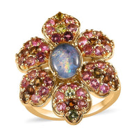 GP Italian Garden Collection Premium Boulder Opal Triplet and Multi-Tourmaline Floral Ring in Vermeil Yellow Gold Over Sterling Silver (Size 10.0) 3.00 ctw
