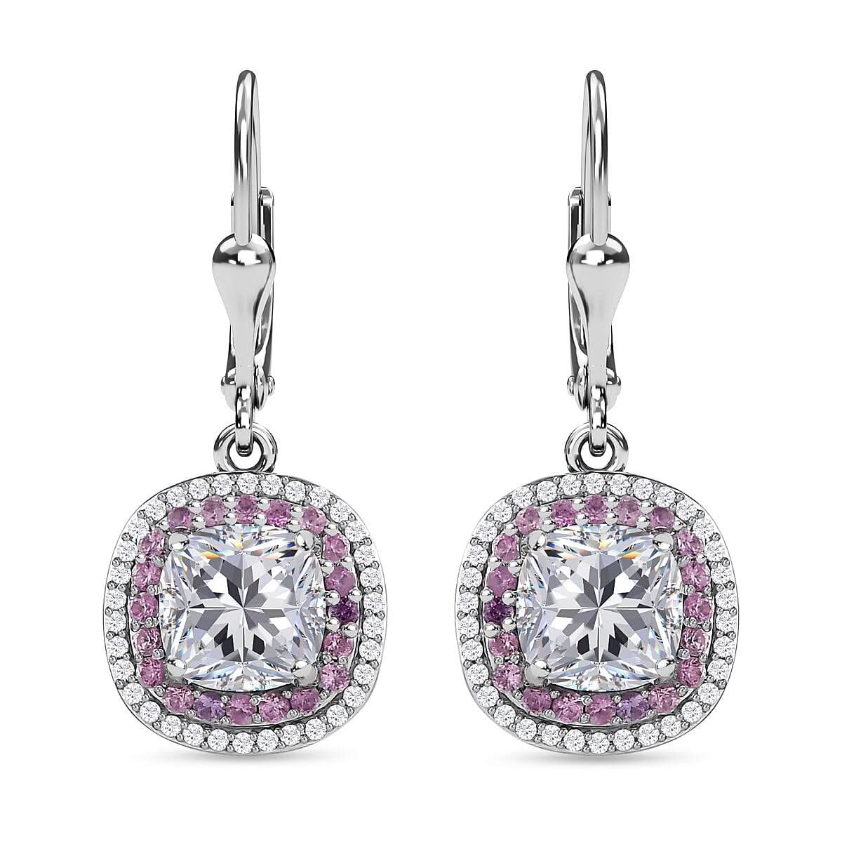 Moissanite and Madagascar Pink Sapphire Lever Back Earrings in Platinum Over Sterling Silver 4.35 ctw