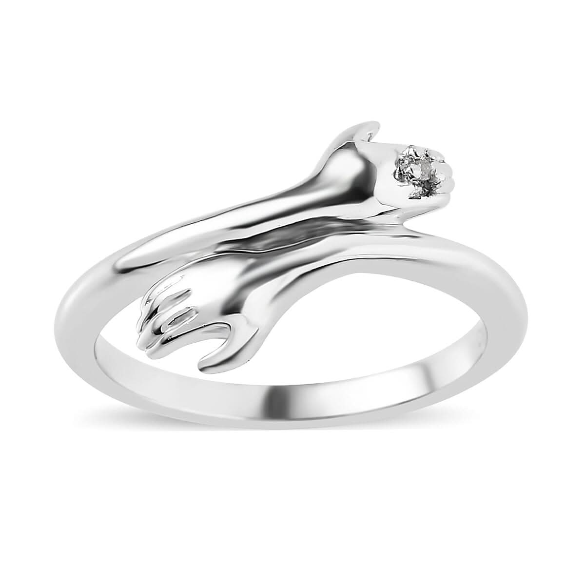 White Diamond Love Hugging Hand Ring in Platinum Over Sterling Silver (Size 10.0)