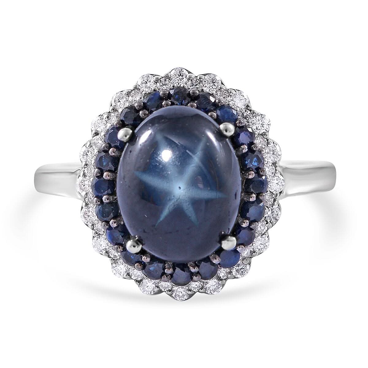 Blue Star Sapphire (DF) and Multi Gemstone Double Halo Ring in Platinum Over Sterling Silver 5.10 ctw (Del. in 7-10 Days)