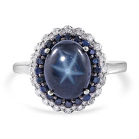 Blue Star Sapphire (DF) and Multi Gemstone Double Halo Ring in Platinum Over Sterling Silver 5.10 ctw (Del. in 7-10 Days)