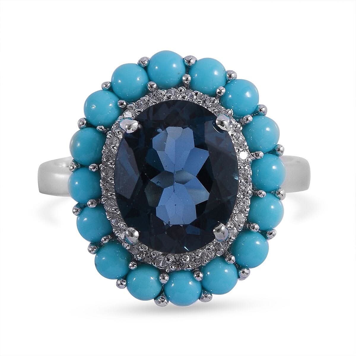 London Blue Topaz, Multi Gemstone Double Halo Ring in Platinum Over Sterling Silver (Size 10.0) 6.15 ctw