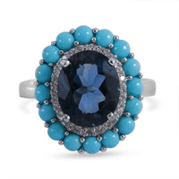 London Blue Topaz, Multi Gemstone Double Halo Ring in Platinum Over Sterling Silver (Size 10.0) 6.15 ctw