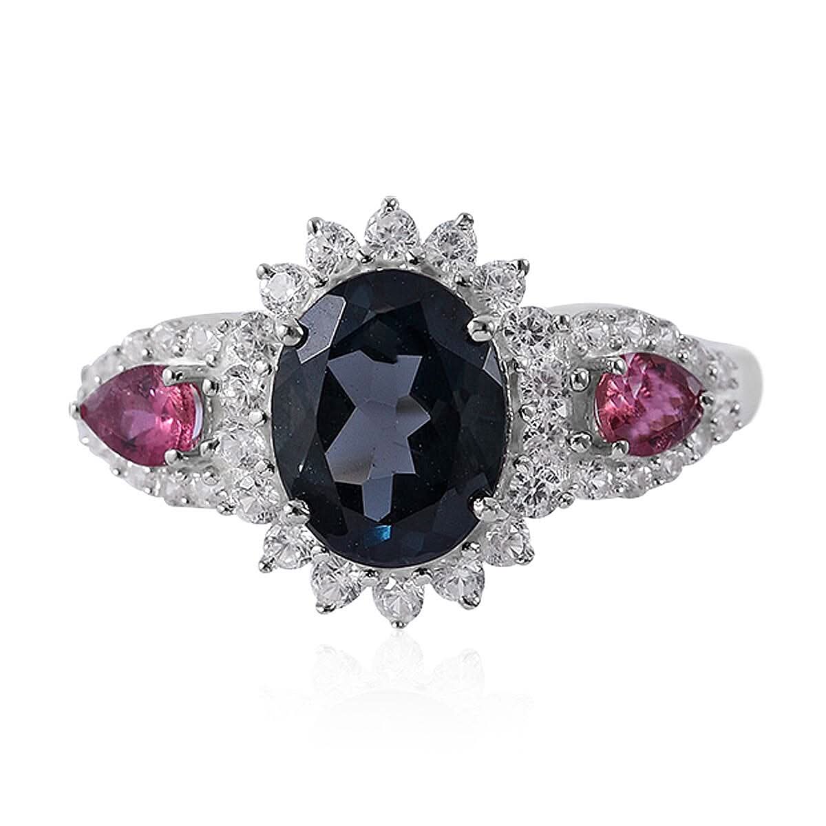 London Blue Topaz and Multi Gemstone Sunburst Ring in Platinum Over Sterling Silver 3.25 ctw
