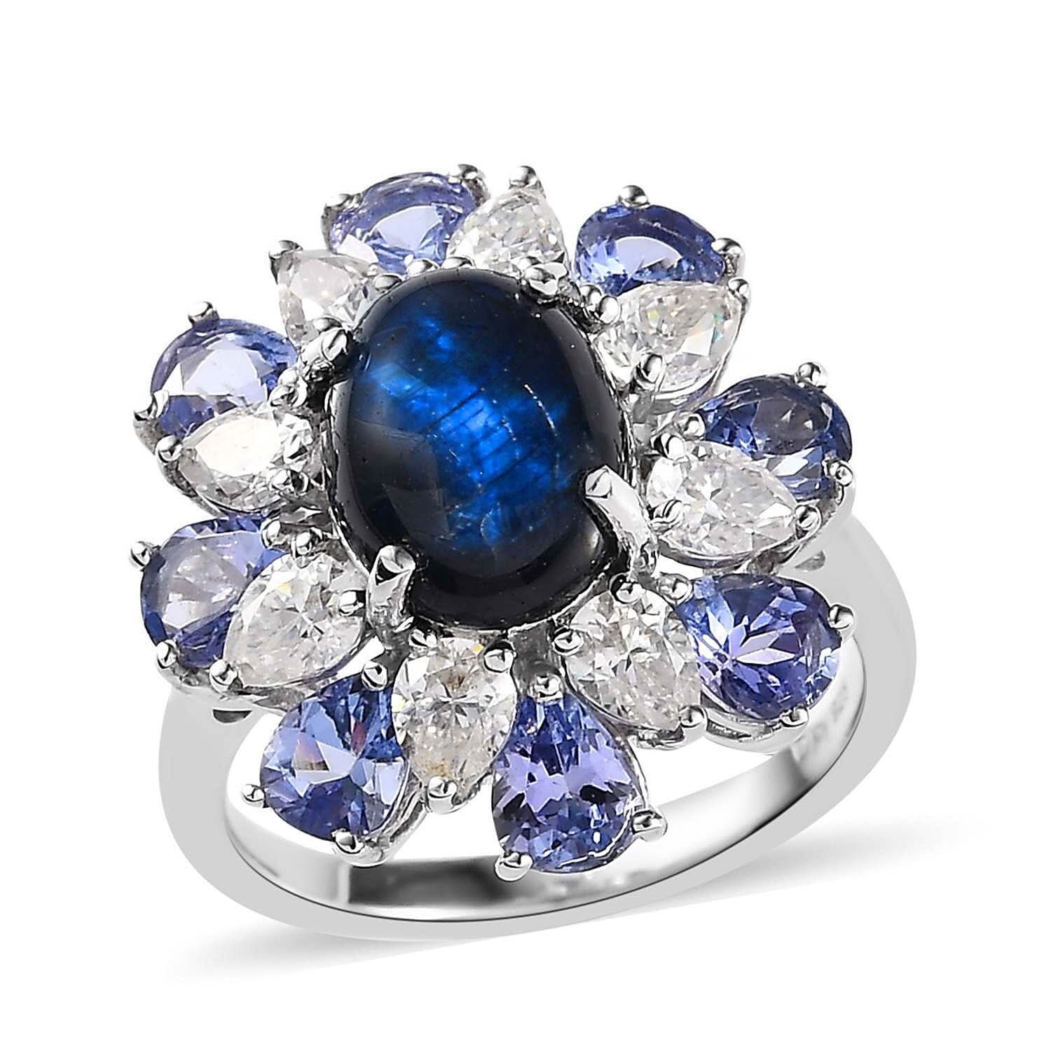 Blue Star Sapphire (DF) and Multi Gemstone Floral Ring in Platinum Over Sterling Silver 8.25 ctw