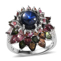Blue Star Sapphire (DF) and Multi Gemstone Floral Ring in Platinum Over Sterling Silver (Size 10.0) 7.85 ctw - Sticky add to cart bar