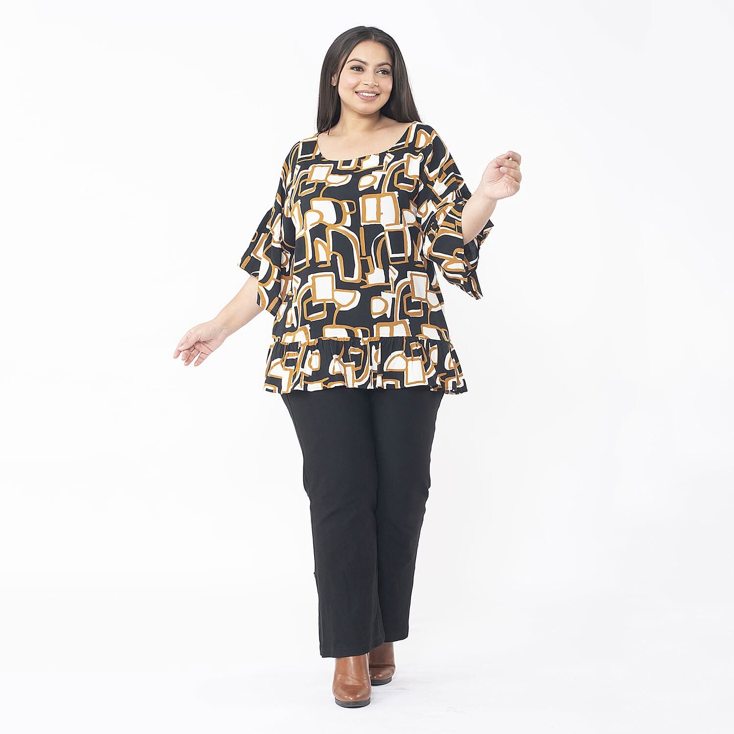 TAMSY, 100% Rayon, Printed Top with Frill Detailing Brown