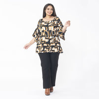 TAMSY, 100% Rayon, Printed Top with Frill Detailing Brown