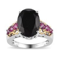Black Tourmaline and Niassa Ruby  Ring in Vermeil YG and Platinum Over Sterling Silver