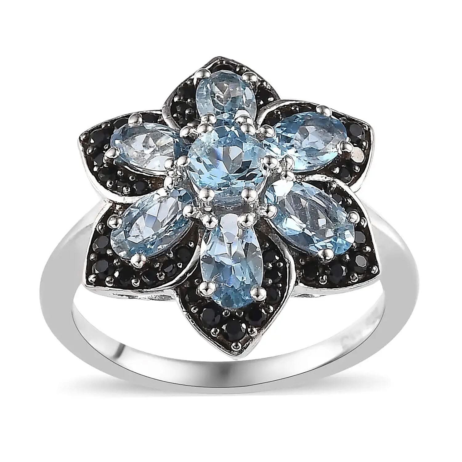 Santa Maria Aquamarine and Thai Black Spinel Floral Ring in Platinum Over Sterling Silver 1.65 ctw