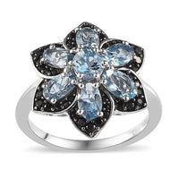 Santa Maria Aquamarine and Thai Black Spinel Floral Ring in Platinum Over Sterling Silver 1.65 ctw