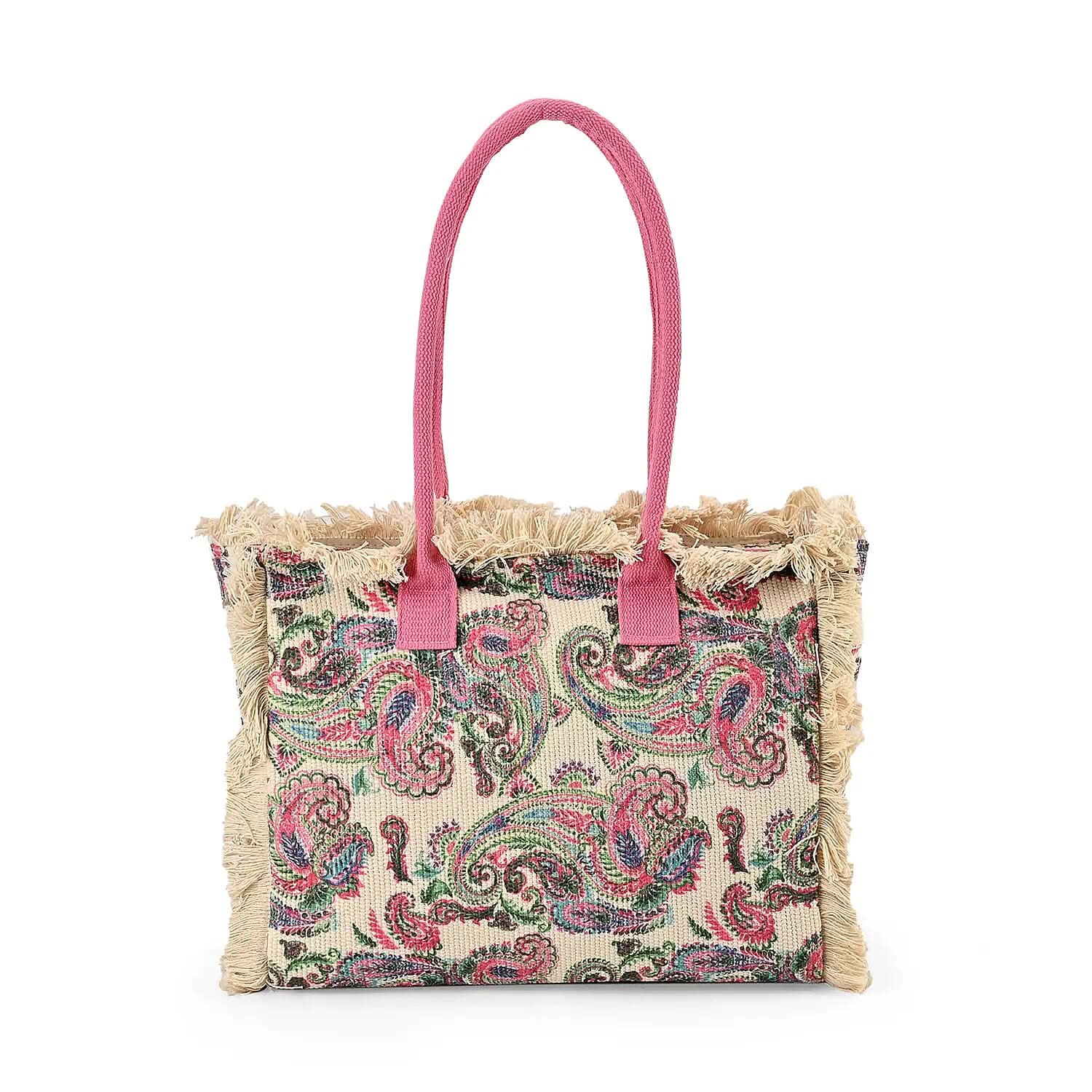Beige and Pink Flower Pattern Tote Bag (14.6"x11.7"x5.5") with Handle Drop (9.5")