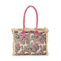 Beige and Pink Flower Pattern Tote Bag (14.6"x11.7"x5.5") with Handle Drop (9.5")