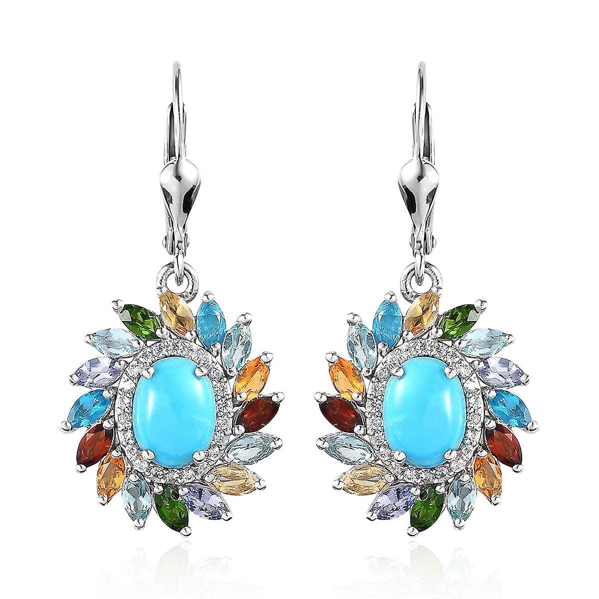 Premium Sleeping Beauty Turquoise and Multi Gemstone Floral Earrings in Platinum Over Sterling Silver 5.15 ctw
