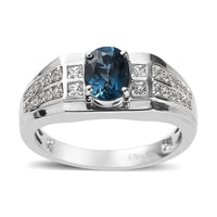 London Blue Topaz and White Zircon Men's Ring in Platinum Over Sterling Silver 2.20 ctw